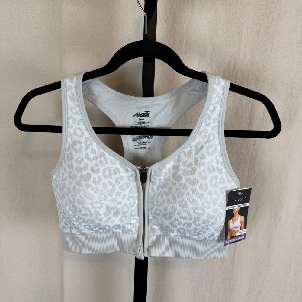 Avia Womens Zip Front Sports Bra XL Grey White Leopard Print Medium Support New